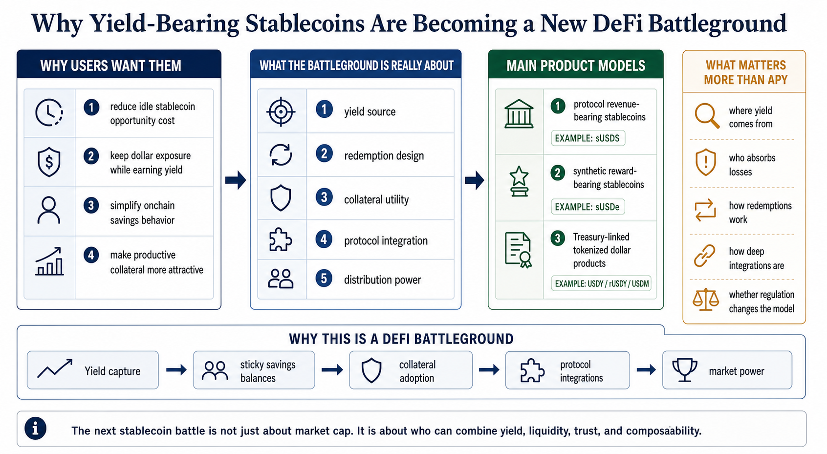 Editorial explainer diagram showing why yield-bearing stablecoins are becoming a DeFi battleground, including user demand, competitive pressure points, product models, and the strategy loop from yield capture to market power.